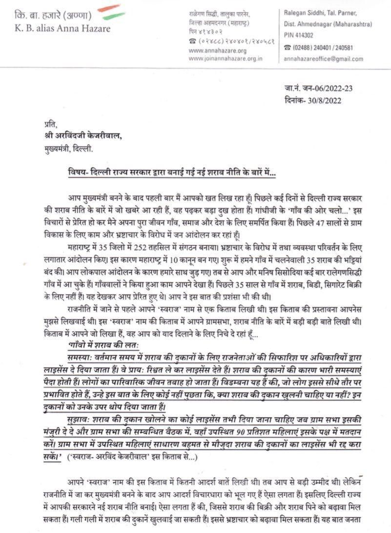 Anna Hazare letter to CM Arvind Kejriwal