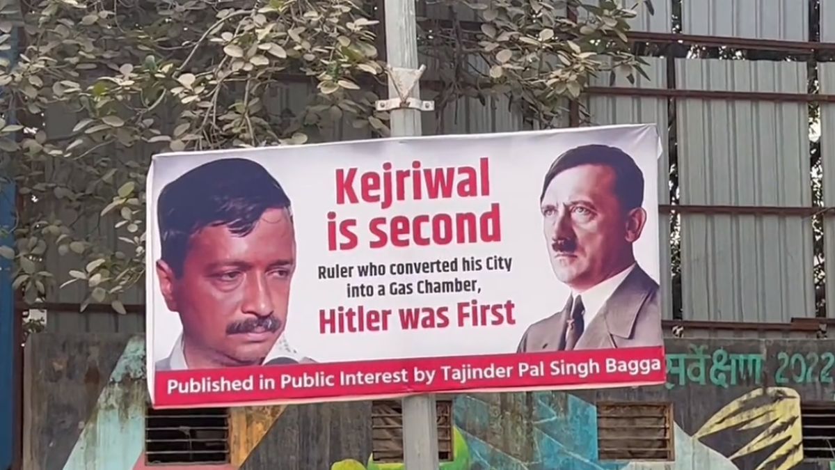 hoarding comparing Delhi CM Arvind Kejriwal with Hitler