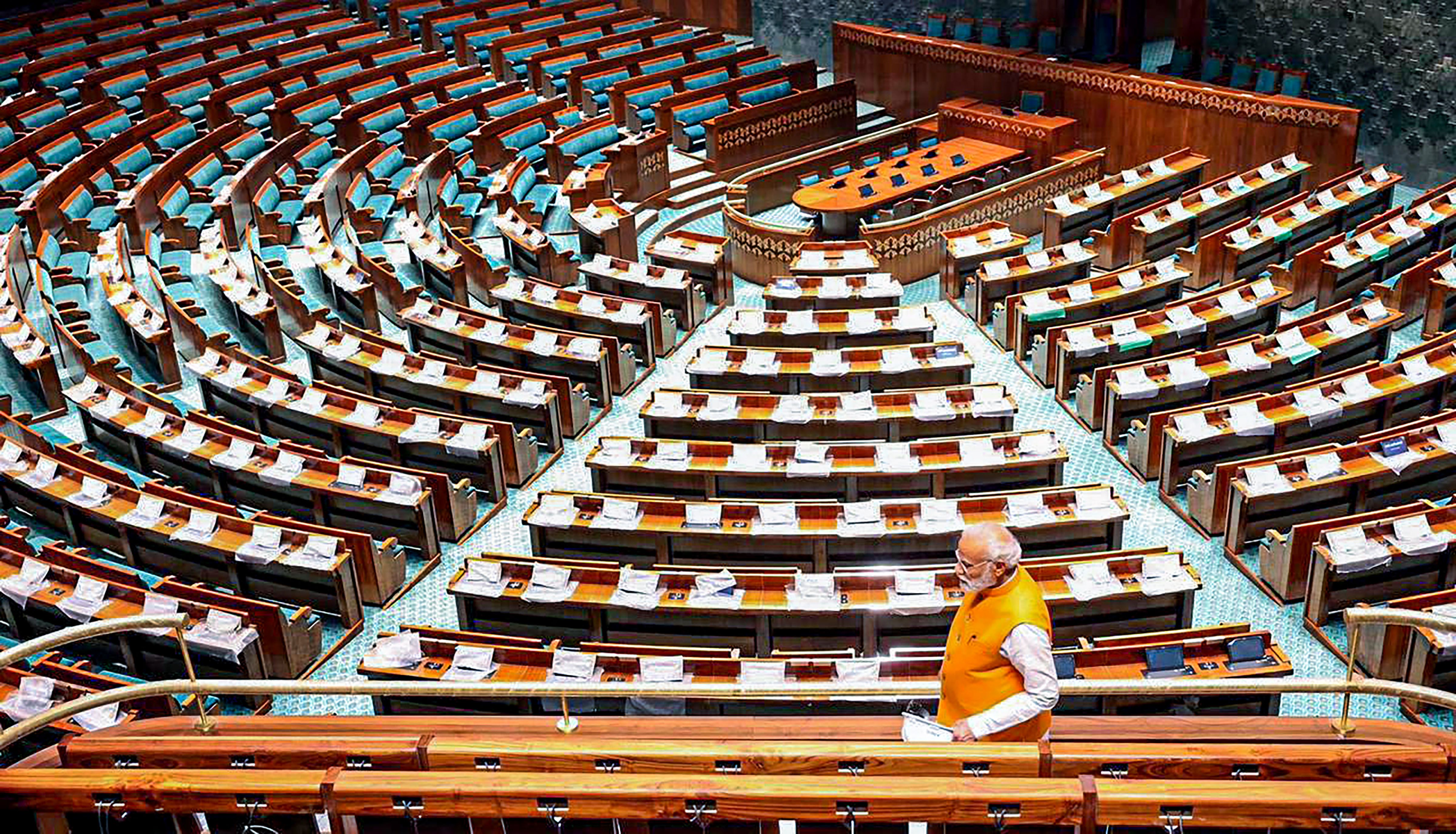Prime Minister Narendra Modi inspects the construction work of the new Parliament building