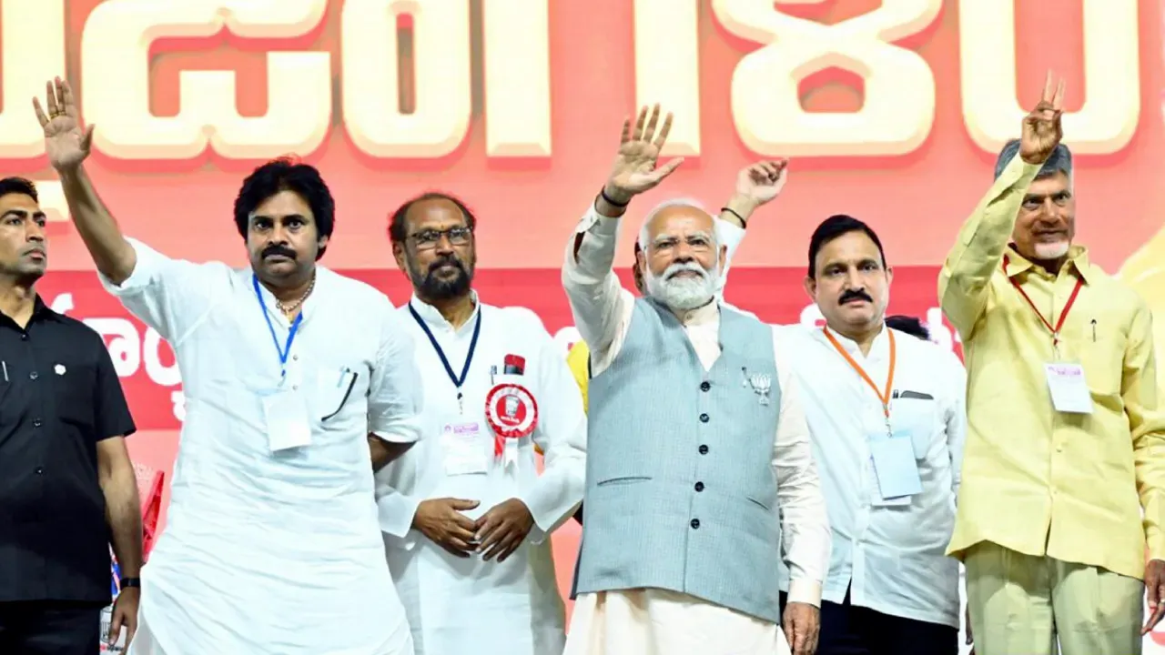 Narendra Modi, with TDP chief N Chandrababu Naidu and Janasena chief Pavan Kalyan