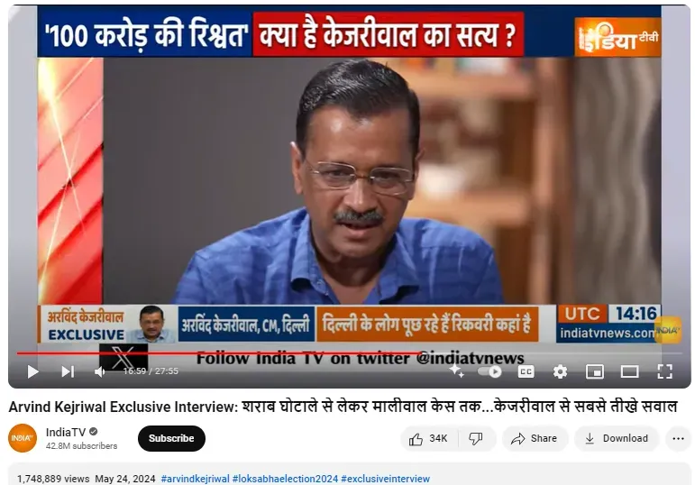 अरविंद केजरीवाल के India TV को दिए इंटरव्यू का स्क्रीनशॉट.