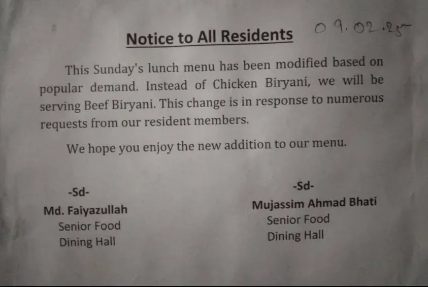 amu beef biryani notice