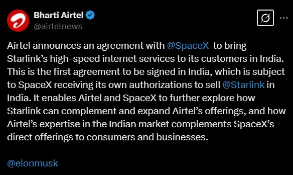 Airtel partner with Elon Musk’s SpaceX