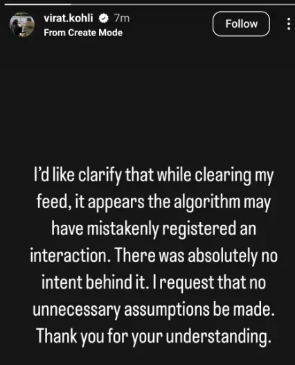 Virat Kohli, Instagram Clarification