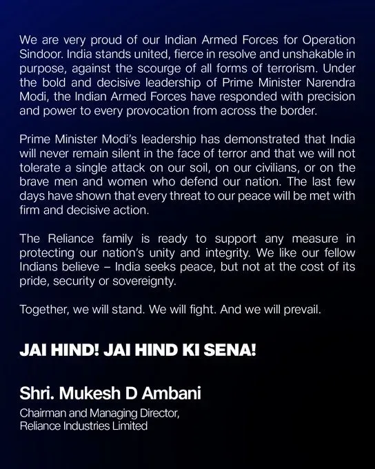 reliance on operation sindoor