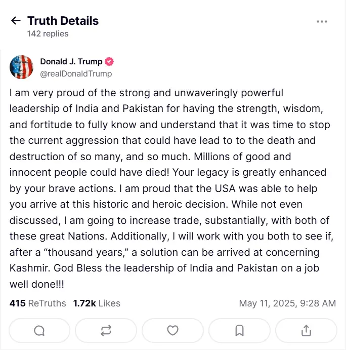 Donald Trump on India Pakistan Ceasefire