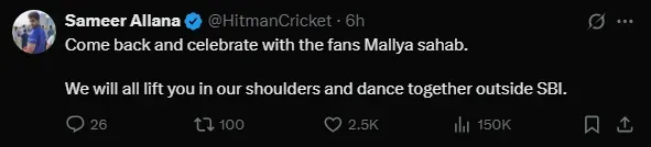 vijay mallya congratulated RCB on victory