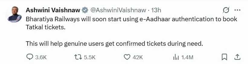 Rail minister ashwinini vaishnav tweet