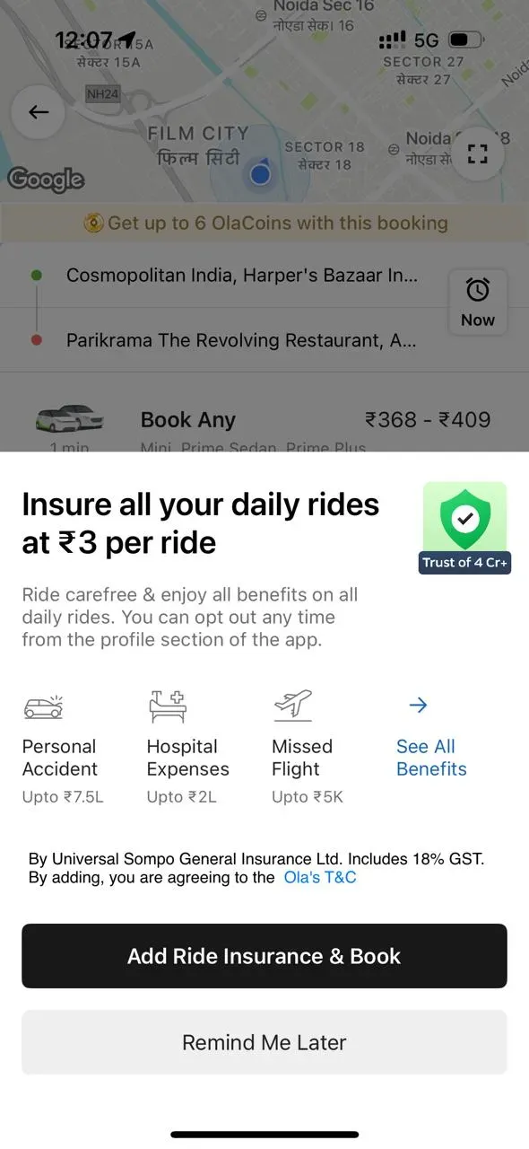 ola ride jnsurance plan