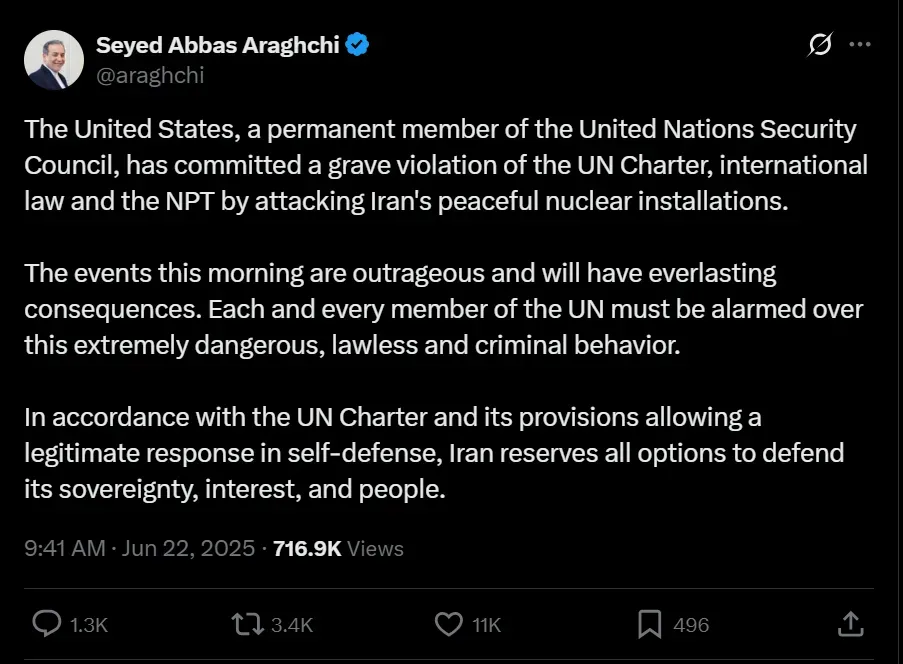 Iran Foreign Minister Statement After US Attack
