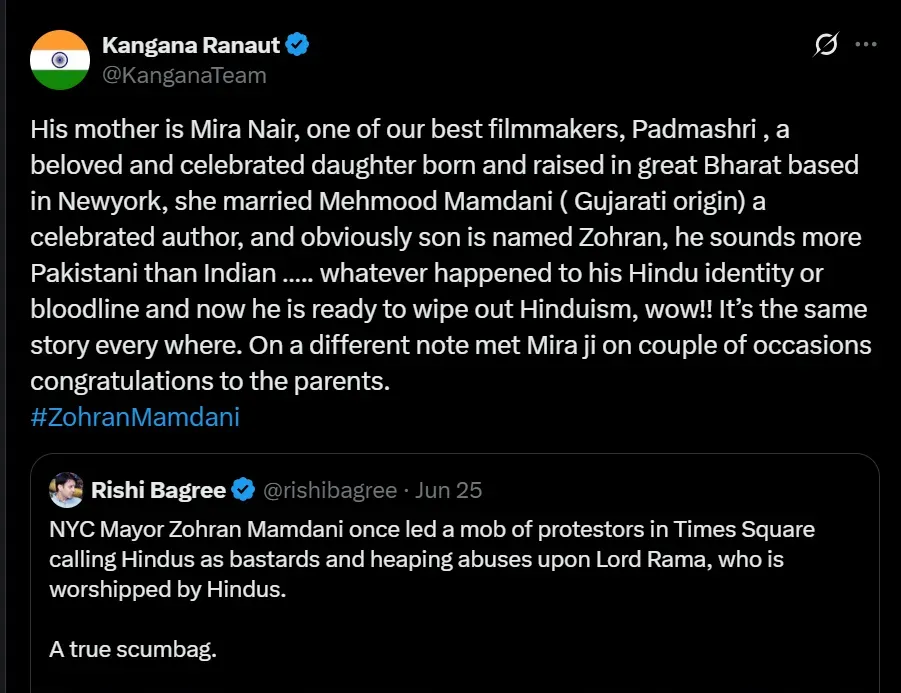 Kangana Ranaut About Zohran Mamdani'