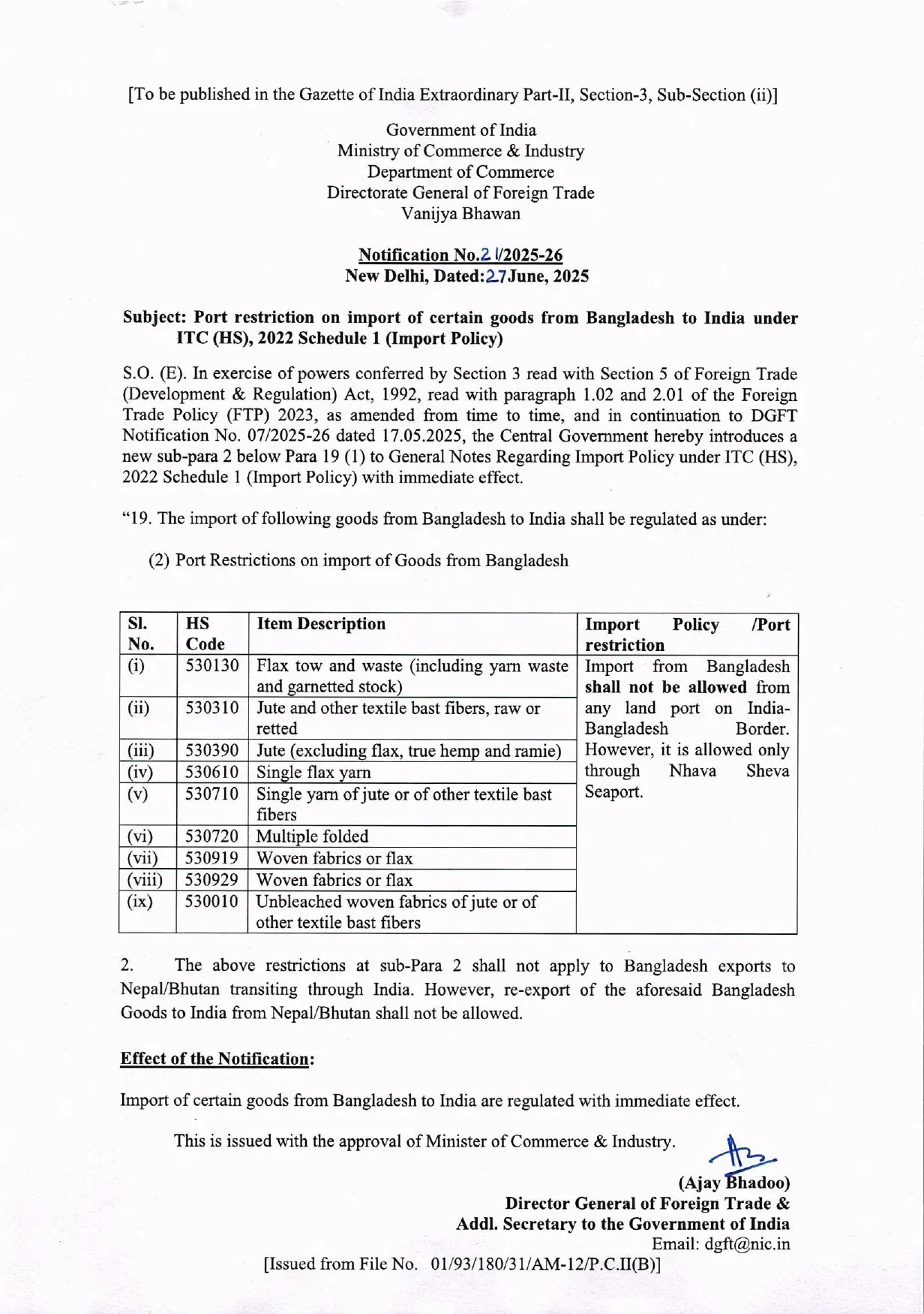 Bangladesh Import Ban