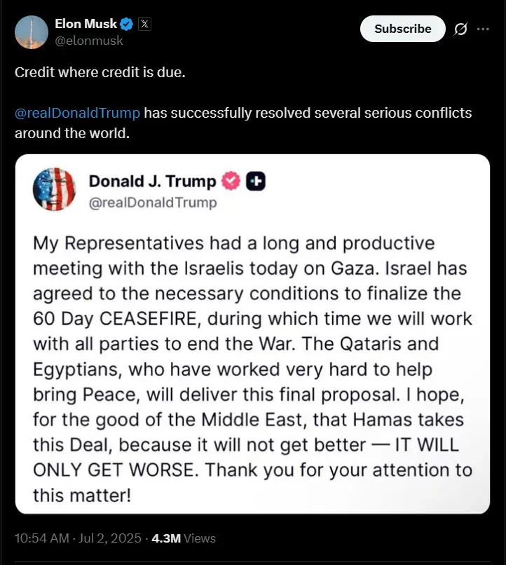 Musk praises Donald Trump
