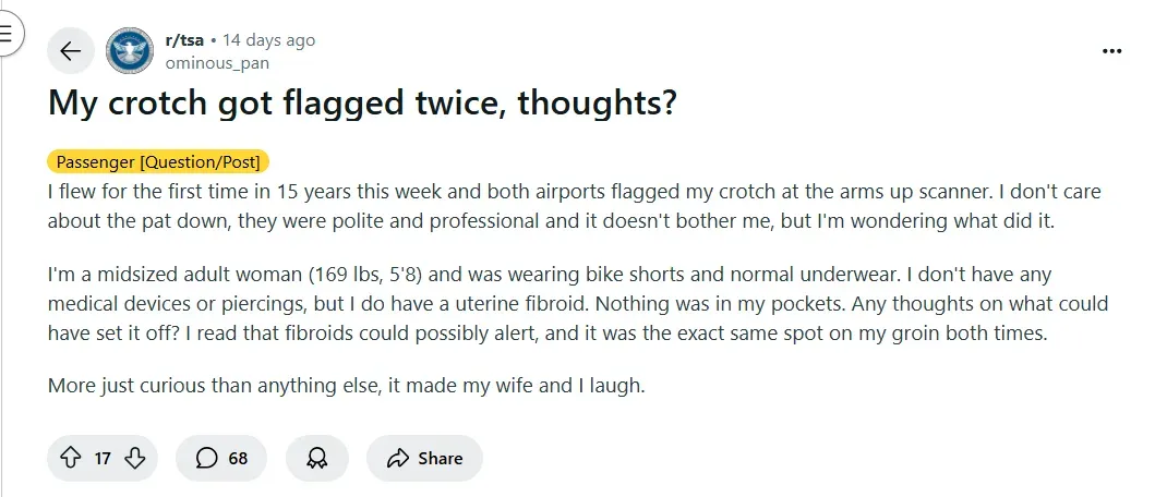Reddit Post About Body Scanners at Airports