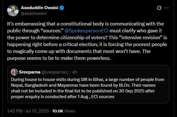 Owaisi Reaction on ECI Voter List Verification