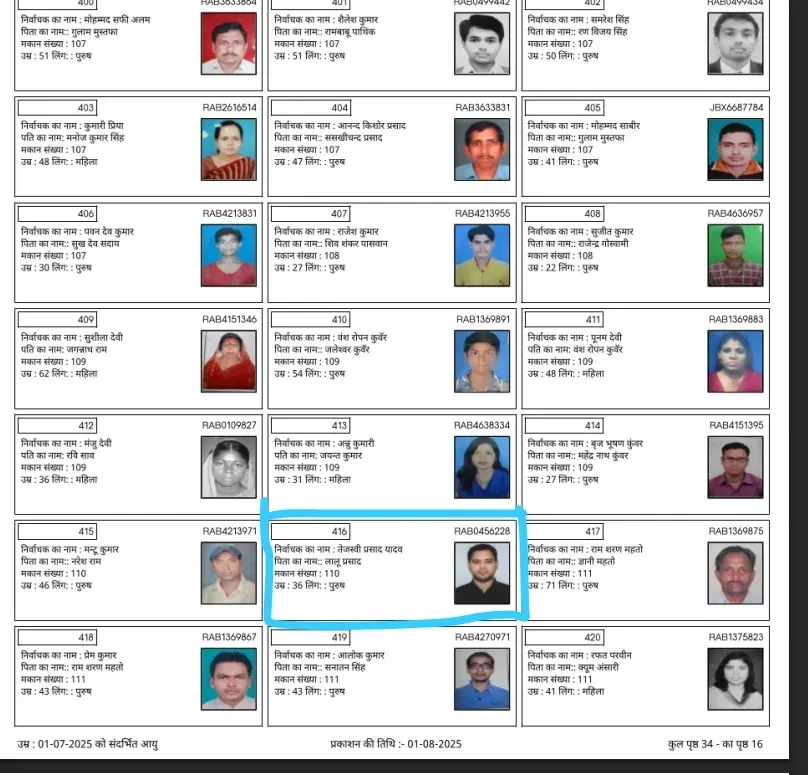 Tejaswi Yadav Name in Voter List