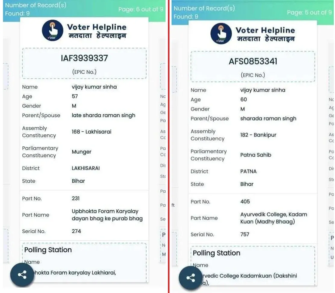 Vijay Sinha Double Voter ID Card