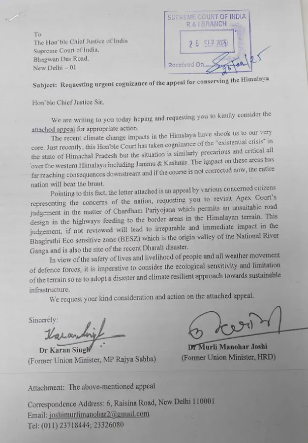 Chardham project murli manohar joshi write a letter to the CJI