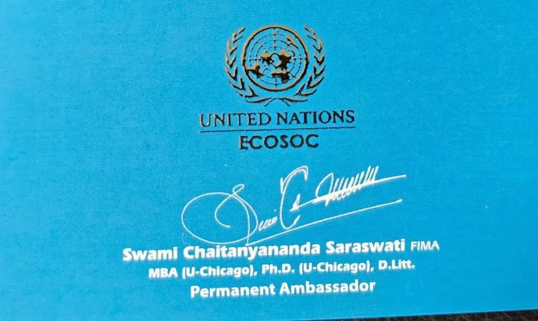 Chaitanyananda Saraswati fake UN-BRICS cards