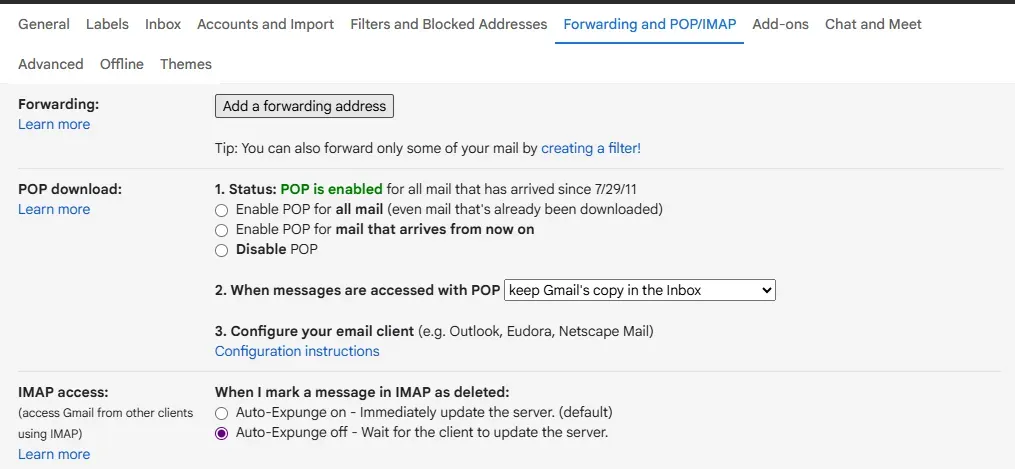 Forwarding and POP/IMAP
