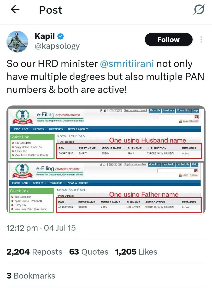Smriti Irani have two PAN cards