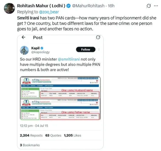 Smriti Irani have two PAN cards