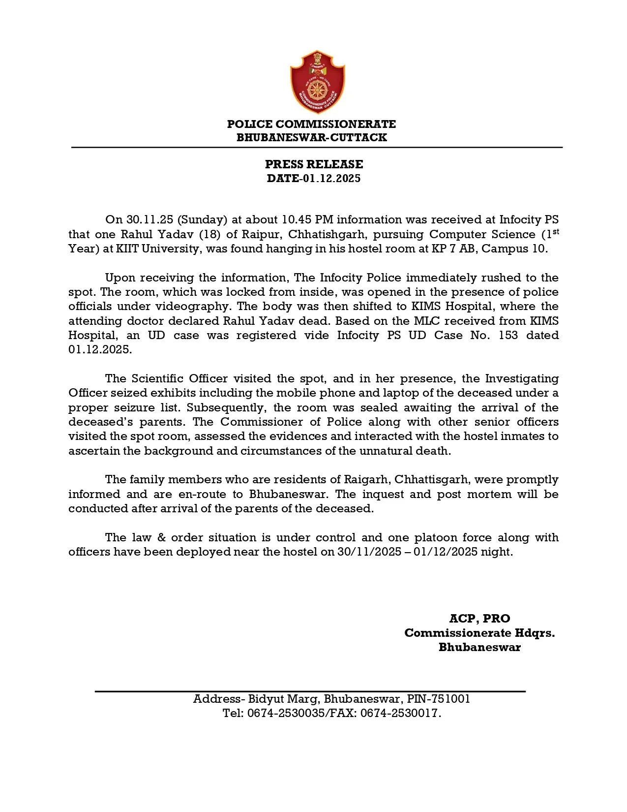 KIIT Police Press Release