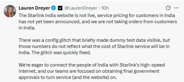 Starlink India website is not live