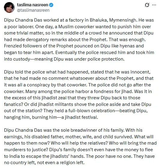 Taslima Nasreen on bangladesh hindu man lynched