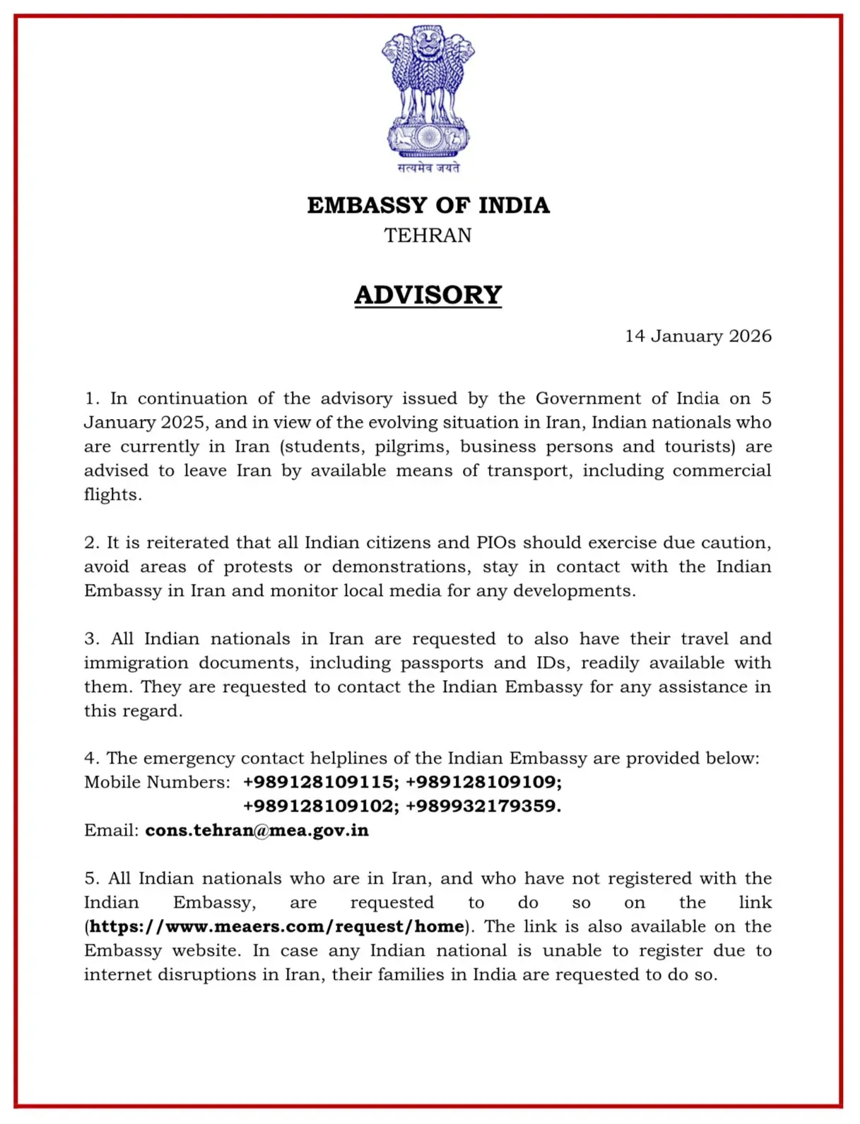 Indian Embassy in Iran Advisory