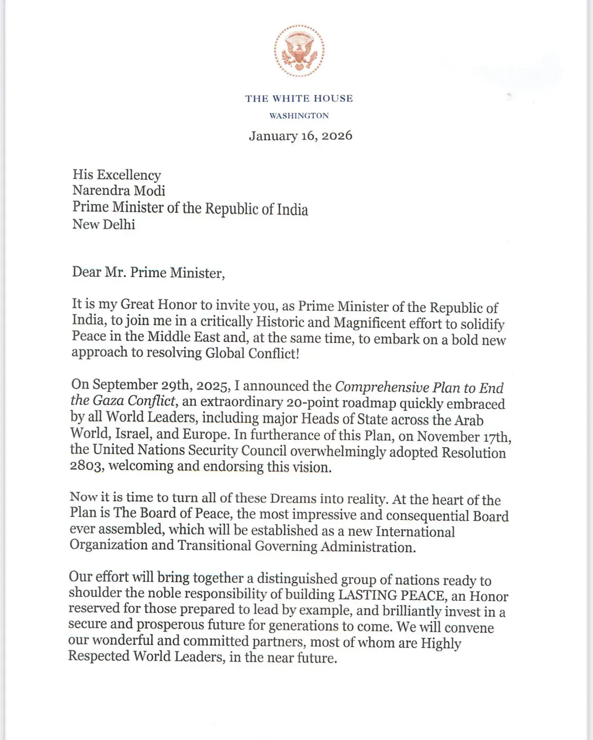 India Gaza Peace Board White house