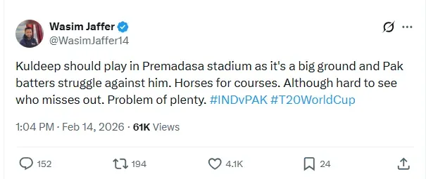 वसीम जाफर की एक्स पर पोस्ट