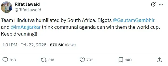 रिफत जावेद की एक्स पर पोस्ट