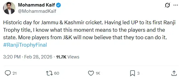 मोहम्मद कैफ की एक्स पर पोस्ट