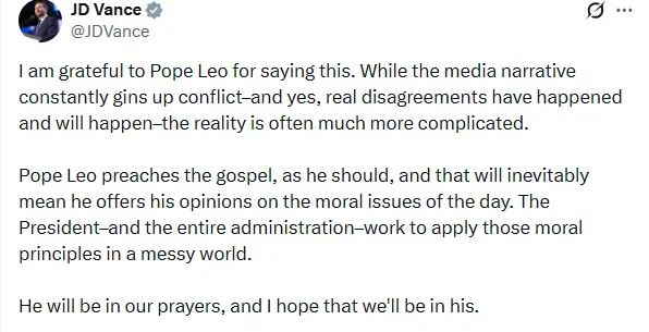 jd vance thanks pope leo