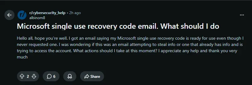 Microsoft single use recovery code email