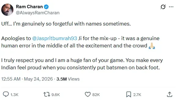 राम चरण की X पर पोस्ट