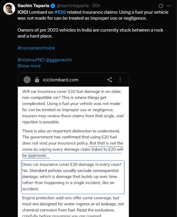 E20 fuel damage in older, non-compatible cars ICICI Lombard