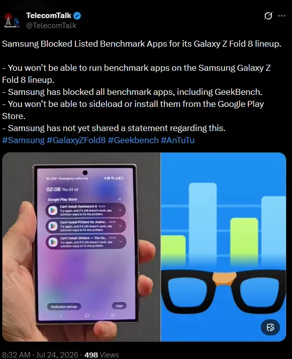 Samsung Blocked Listed Benchmark Apps for its Galaxy Z Fold 8 lineup.