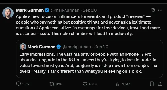 Mark Gurman की पोस्ट पर यूजर के रिएक्शन