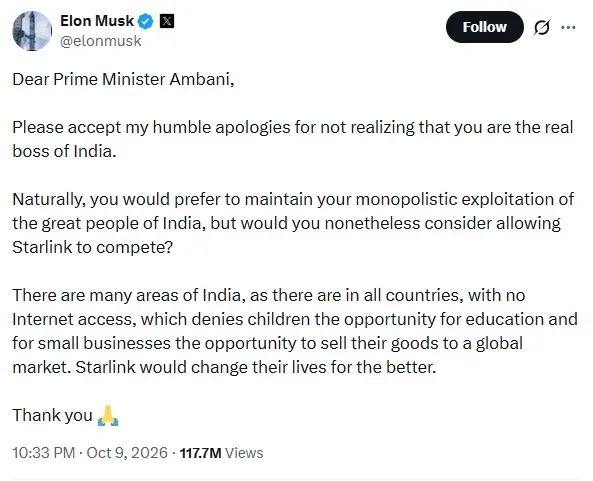 elon musk ambani prime minister tweet