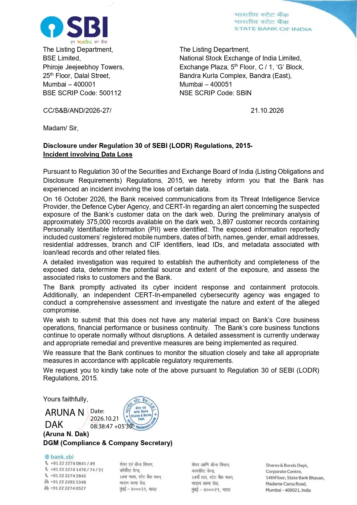 SBI Data Leak Clarification