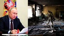 Russian President Putin and the war-damaged building (Photo-AP)