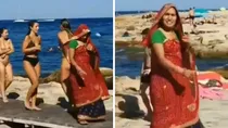 twitter viral video indian woman on beach