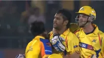 Angry MS Dhoni punches him helmet after scoring the winning runs for CSK in 2010.