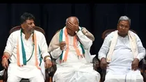 D. K. Shivakumar, Mallikarjun Kharge and Siddaramaiah