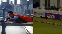 Brad Currie takes an extraordinary one-handed catch during a T20 Blast match in England