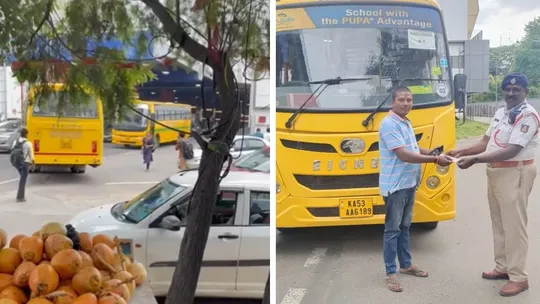 bengaluru school bus driver photo holding challan policeman going viral on social media