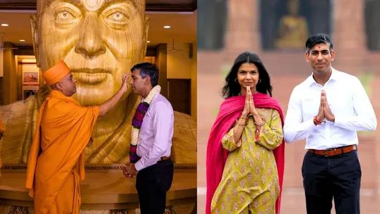 Rishi Sunak visits Akshardham Temple with wife.