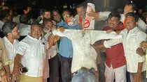 BJP protests demanding permission for celebrating Ganesh Chaturthi Utsav in Idgah Maidan in Hubli, Karnataka. 